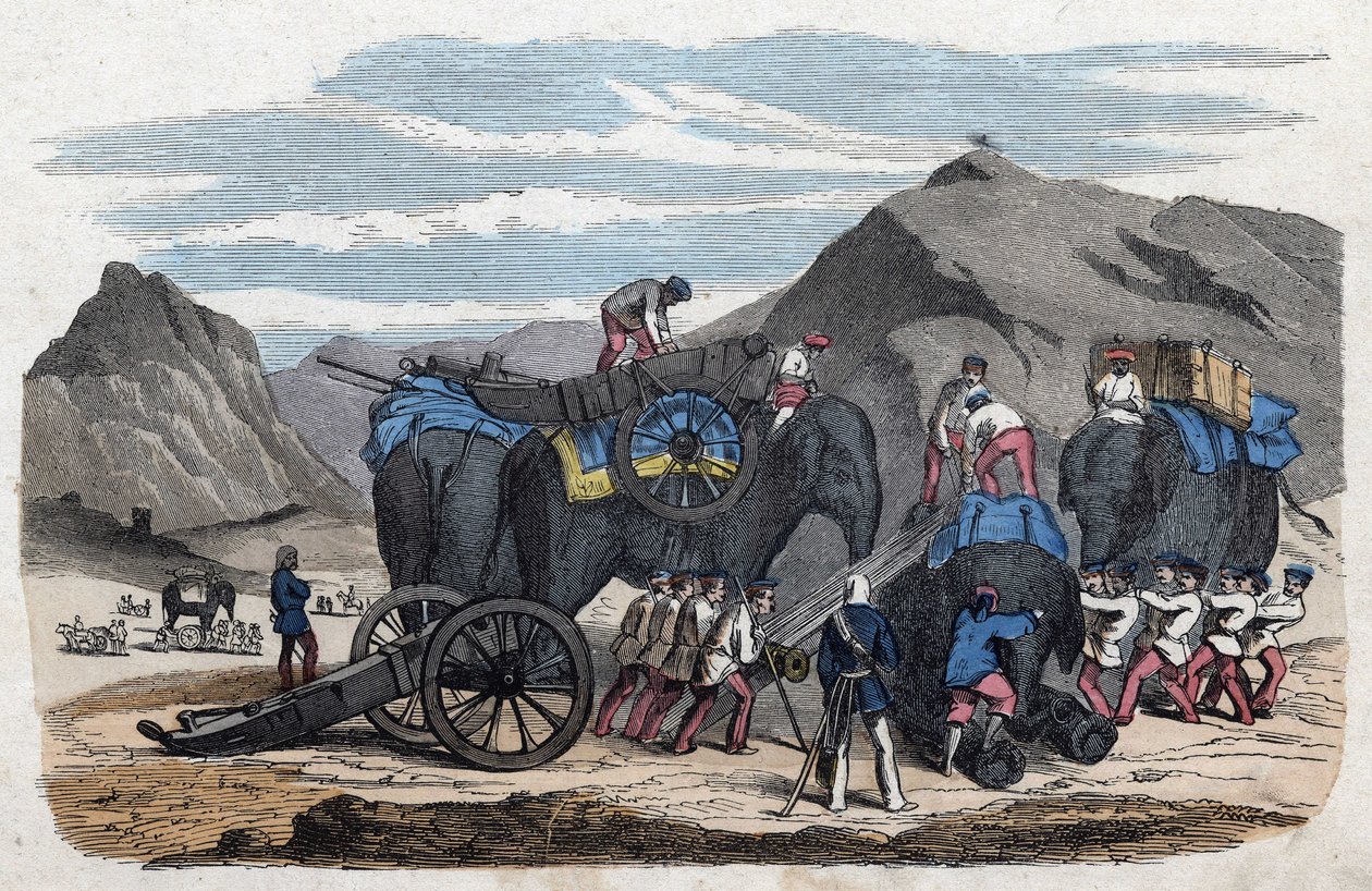 Caricamento degli elefanti per il viaggio del signor Bock a Dresda. In “Wenn Jemand eine Reise thut, so kann er was erzahlen” (Quando qualcuno viaggia, questo è ciò che può raccontare), racconto tedesco di Franz Wiedemann. da German School