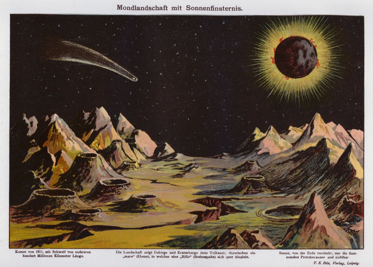 Paesaggio lunare, eclissi solare e cometa del 1911 (litografia a colori) da German School