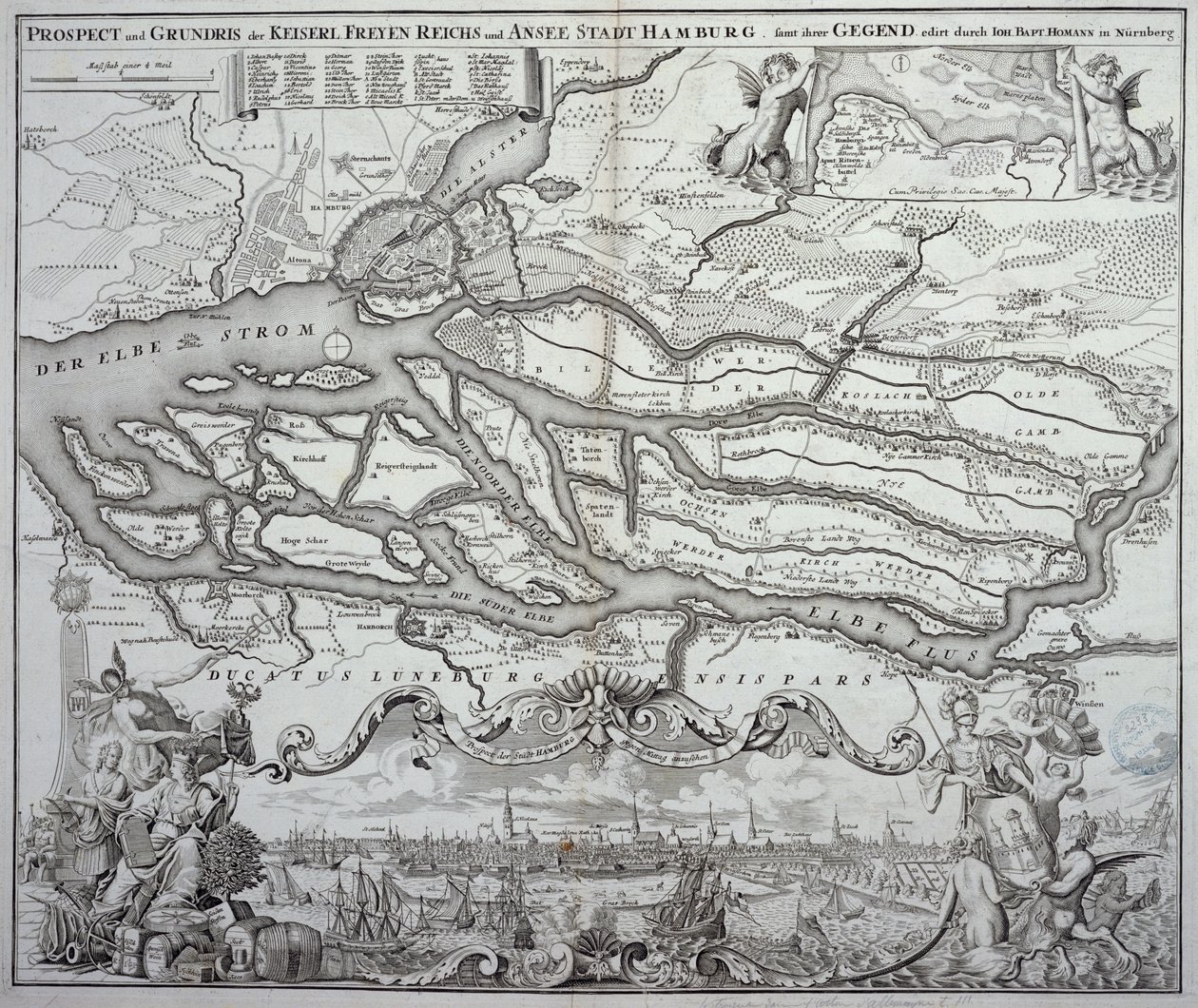 Mappa di Amburgo e dintorni, pubblicata a Norimberga da German School