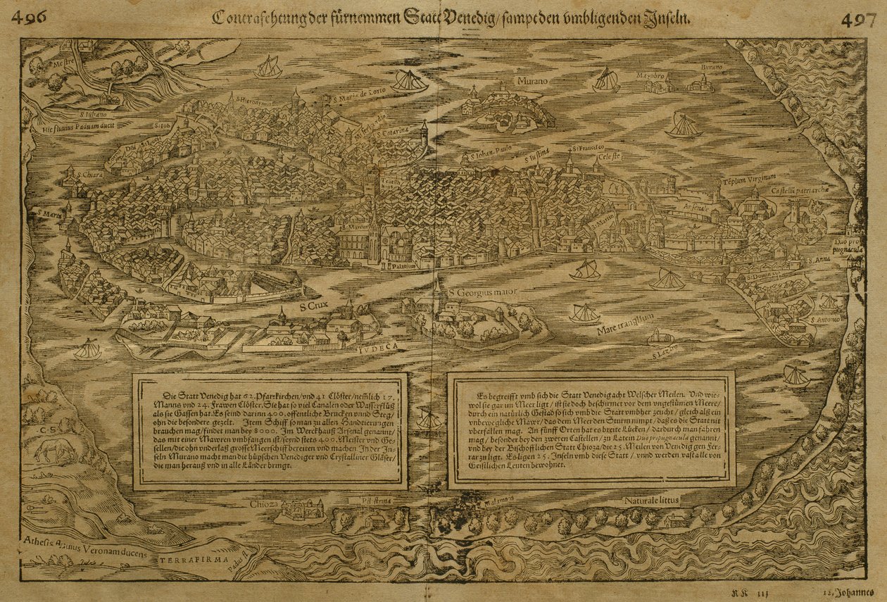 Mappa di Venezia, di Sebastian Munster (1488-1552) pubblicata a Basilea, c.1560 da German School