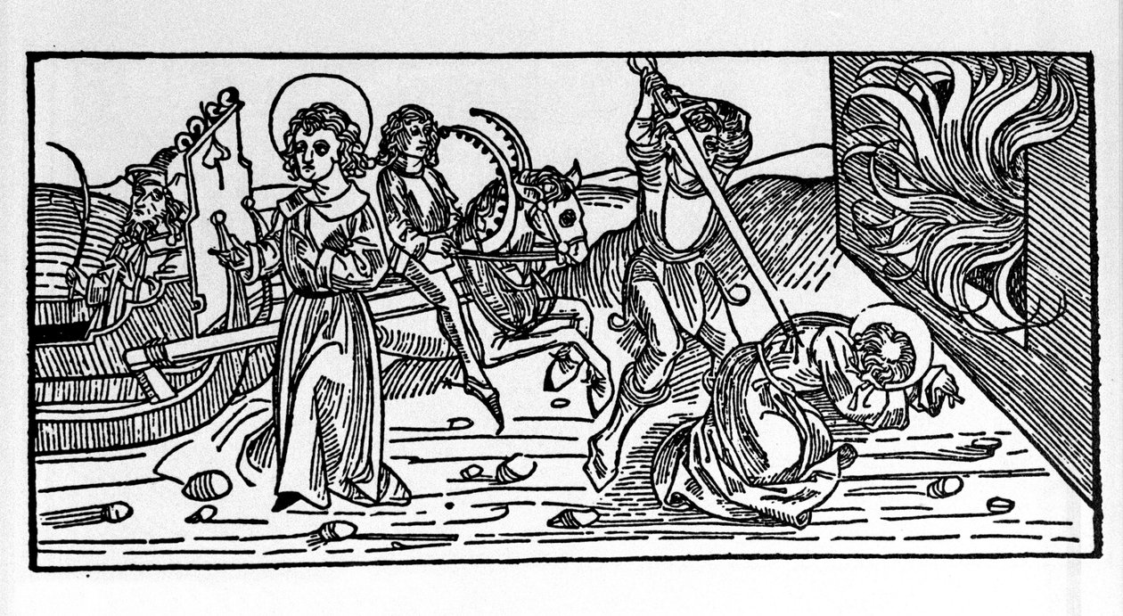 Martirio di San Policarpo di Smirne, vescovo. Incisione dal libro Leben der Heiligen - Sommerteil di Jacobus de Voragine da German School