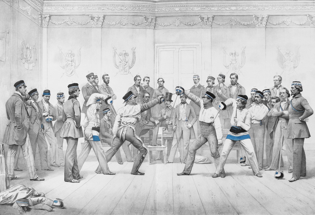 Mensuren o Membri Studenti della Società di Duello a Dresda in Uniforme Blu, Bianca e Nera da German School
