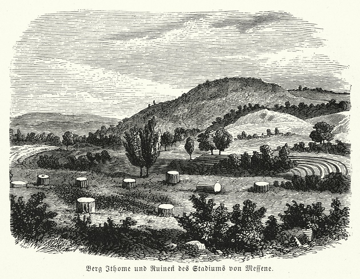 Il monte Ithome e le rovine dello stadio di Messene (incisione) da German School