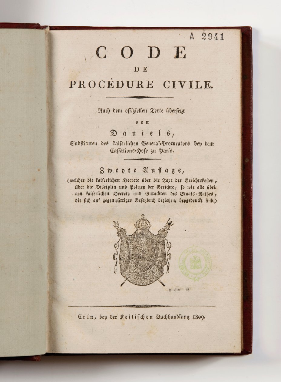 Codice napoleonico di procedura civile per i dipartimenti francesi della riva sinistra del Reno, aperto alla pagina del titolo, Colonia, 1809 (carta stampata) da German School