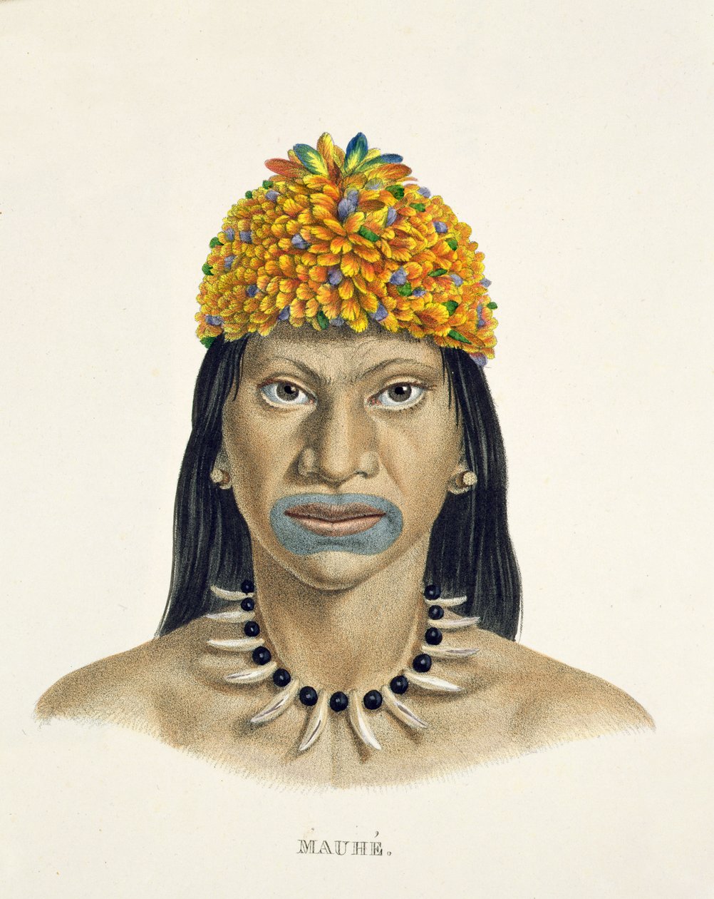 Uomo nativo della tribù Mauhe, con copricapo di piccole piume blu e arancioni, dall