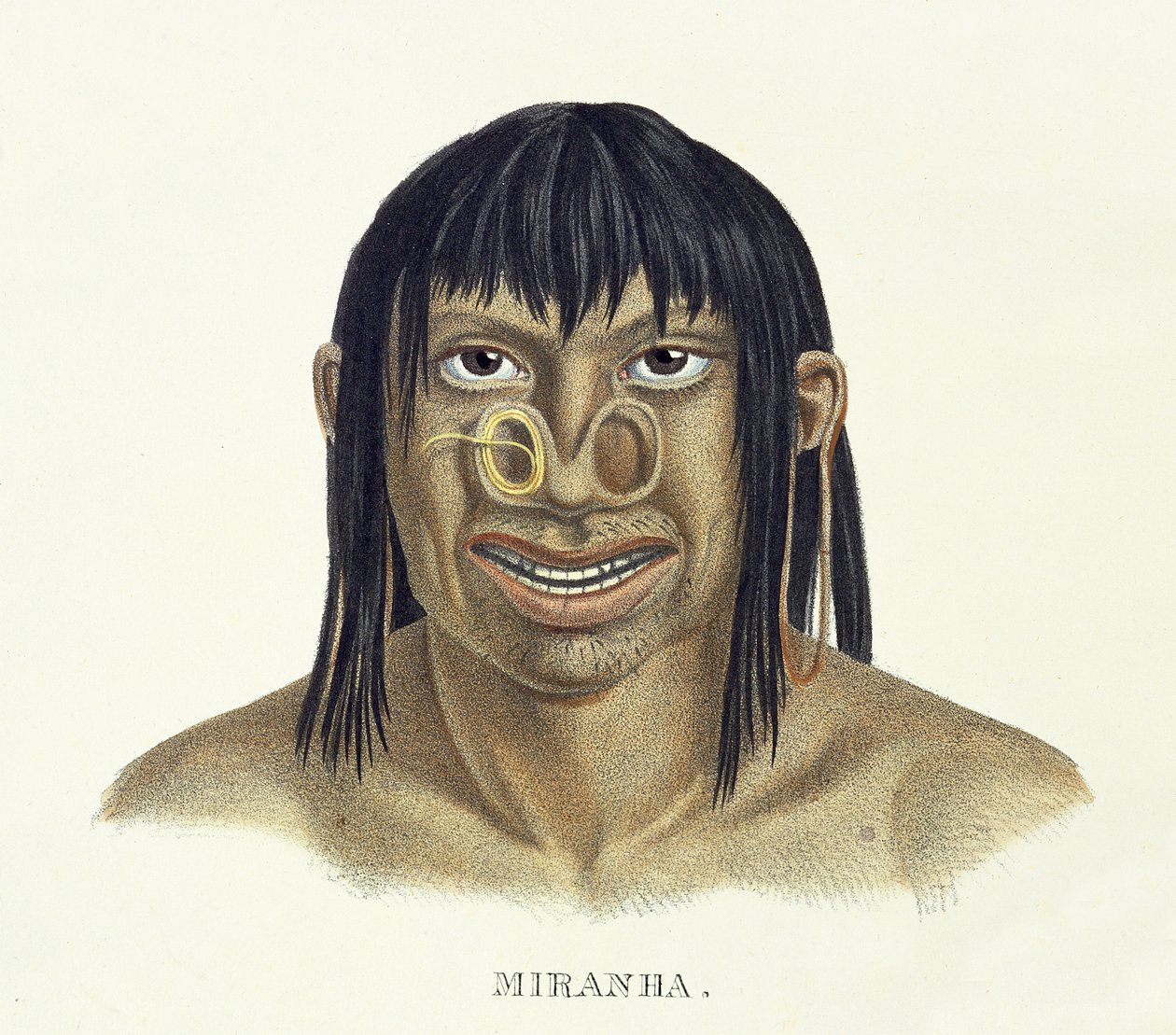 Uomo nativo della tribù Miranha, con decorazione al naso, dall