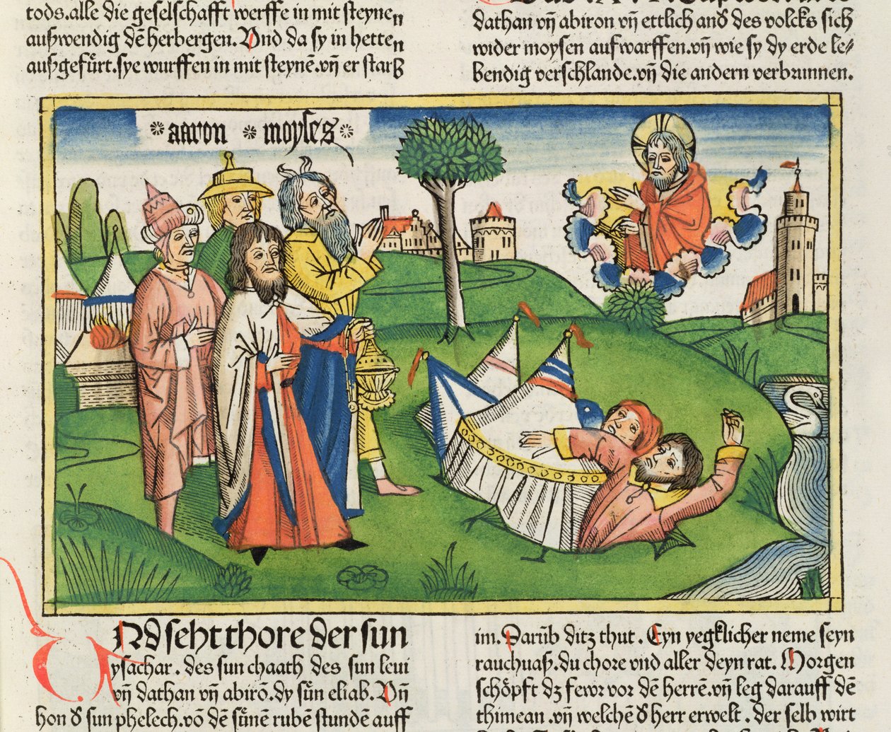 Numeri 16:32 La terra inghiotte i ribelli Datan e Abiram, dalla Bibbia di Norimberga (Biblia Sacra Germanaica) da German School