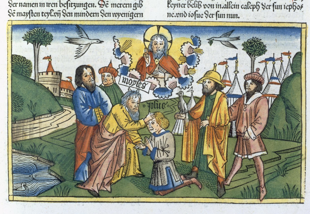 Numeri 27:18-23 Mosè impone le mani su Giosuè, dalla Bibbia di Norimberga (Biblia Sacra Germanaica) da German School