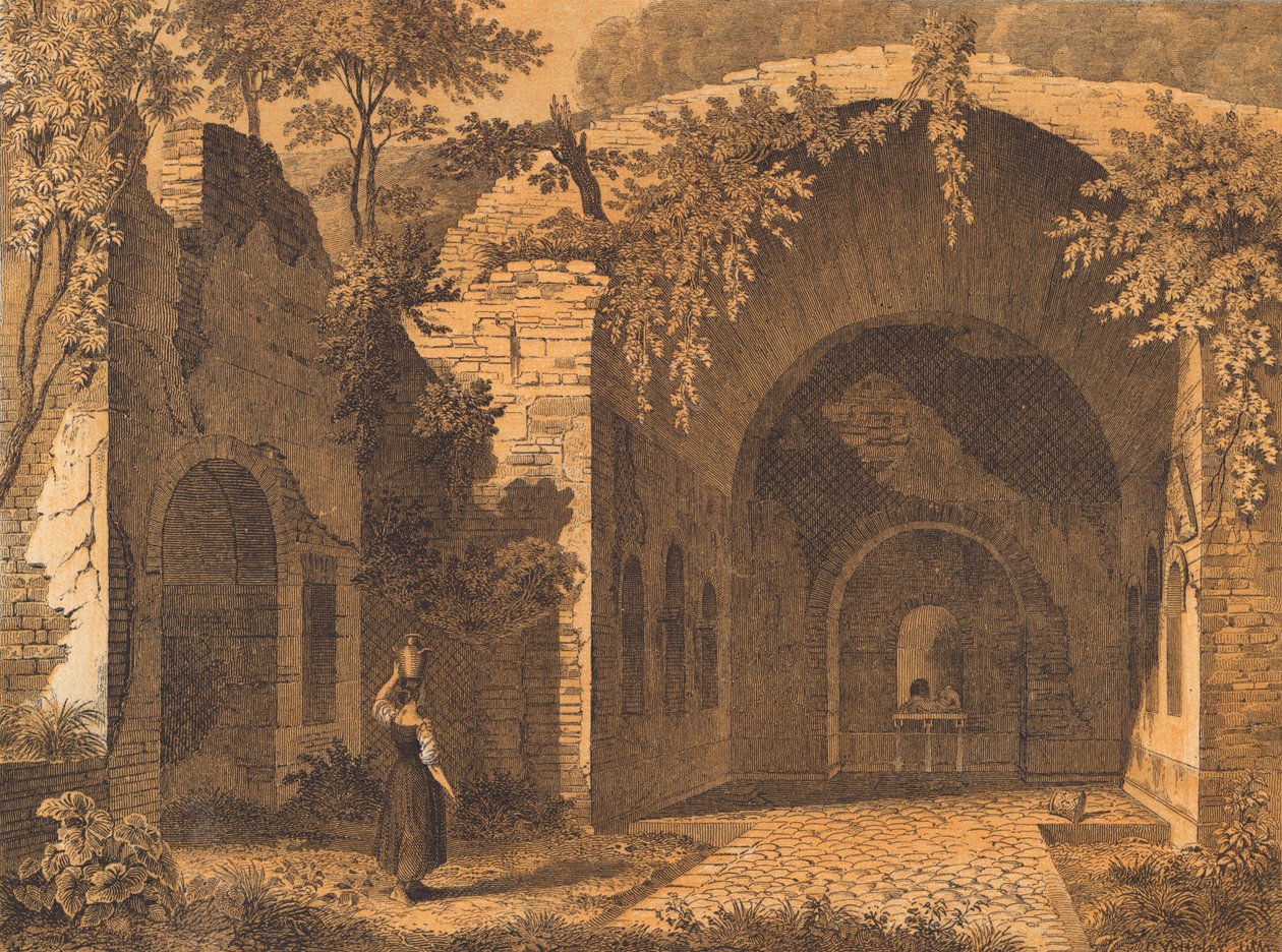 Ninfeo di Egeria, Roma (litografia a colori) da German School