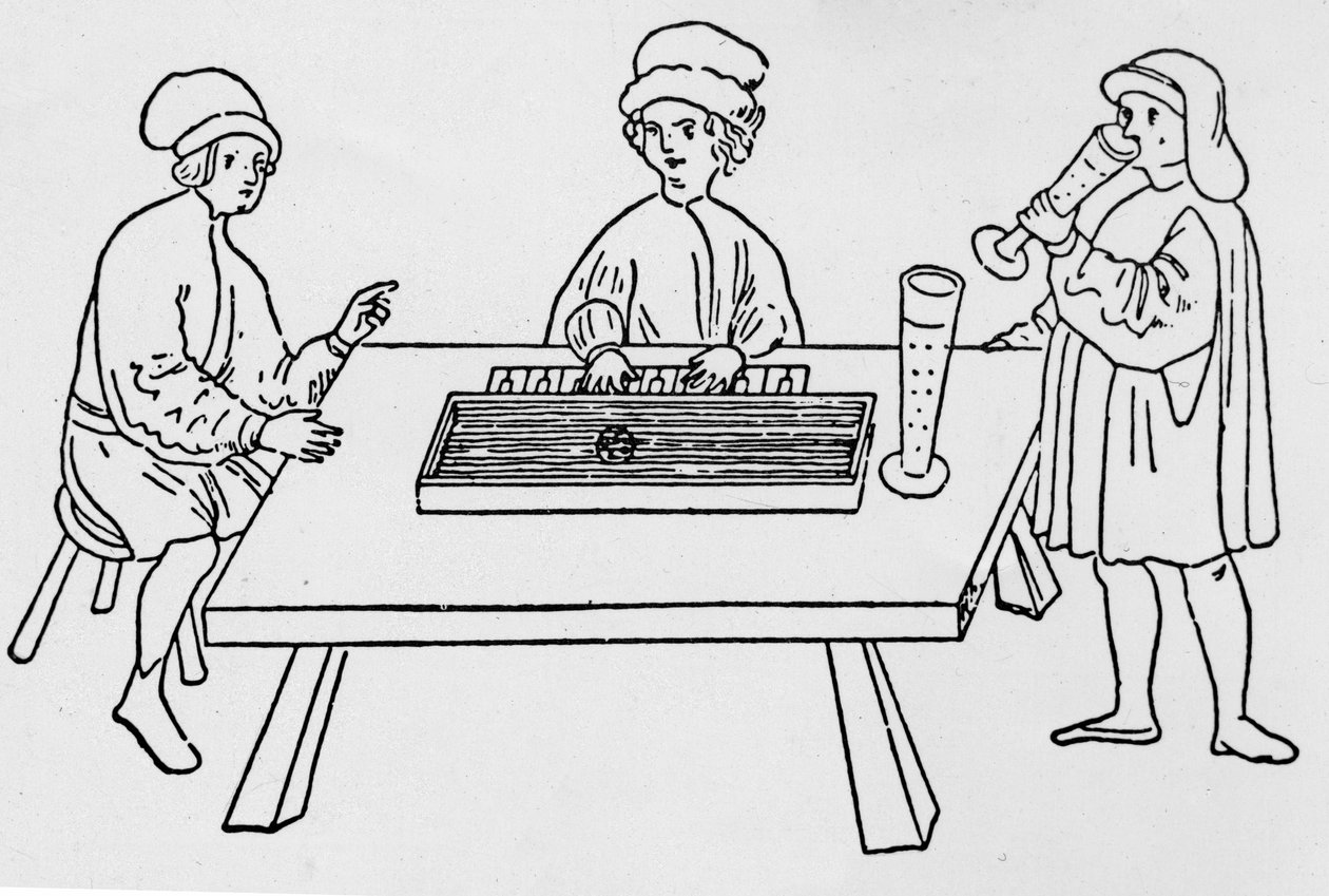 Uno dei primi disegni che rappresentano un clavicordo. Weimar XV secolo da German School