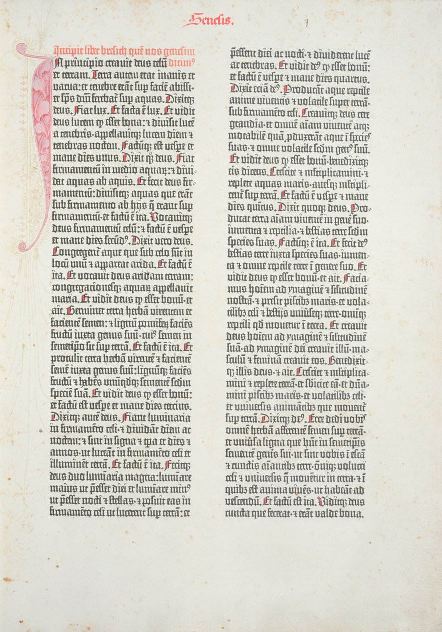 Pagina di apertura del libro della Genesi dalla Bibbia di Gutenberg, stampata da Johannes Gutenberg (c.1400-68) e Peter Schoeffer (1425-1502) a Magonza, 1454-56 da German School