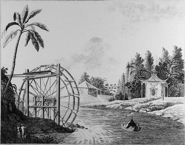 Ruota idraulica ornamentale con padiglione cinese e barca a vela, da 