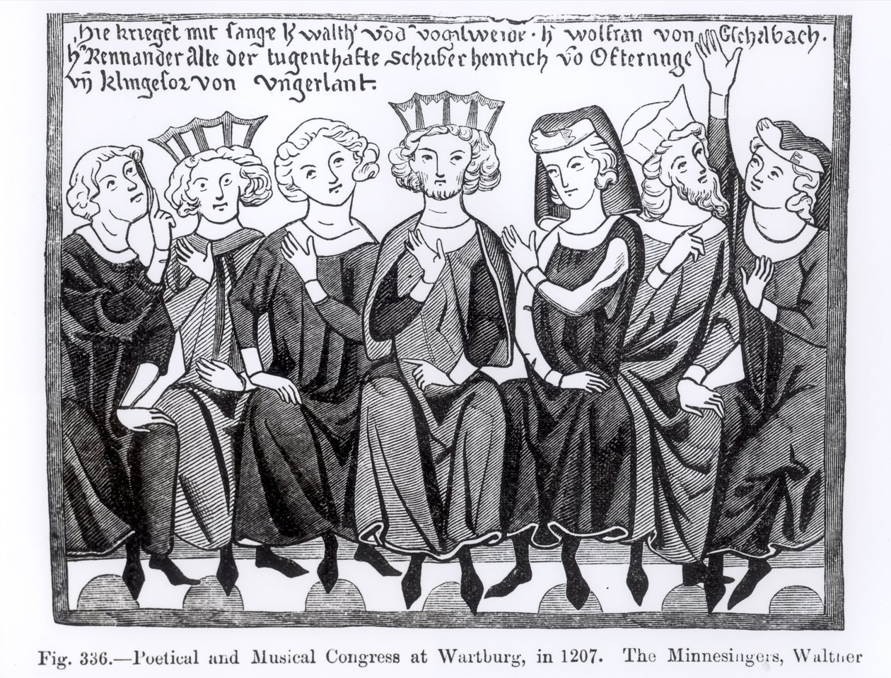 Congresso poetico e musicale, Wartburg, 1207, illustrazione da Scienza e Letteratura nel Medioevo e nel Rinascimento, scritto e inciso da Paul Lacroix, 1878 da German School