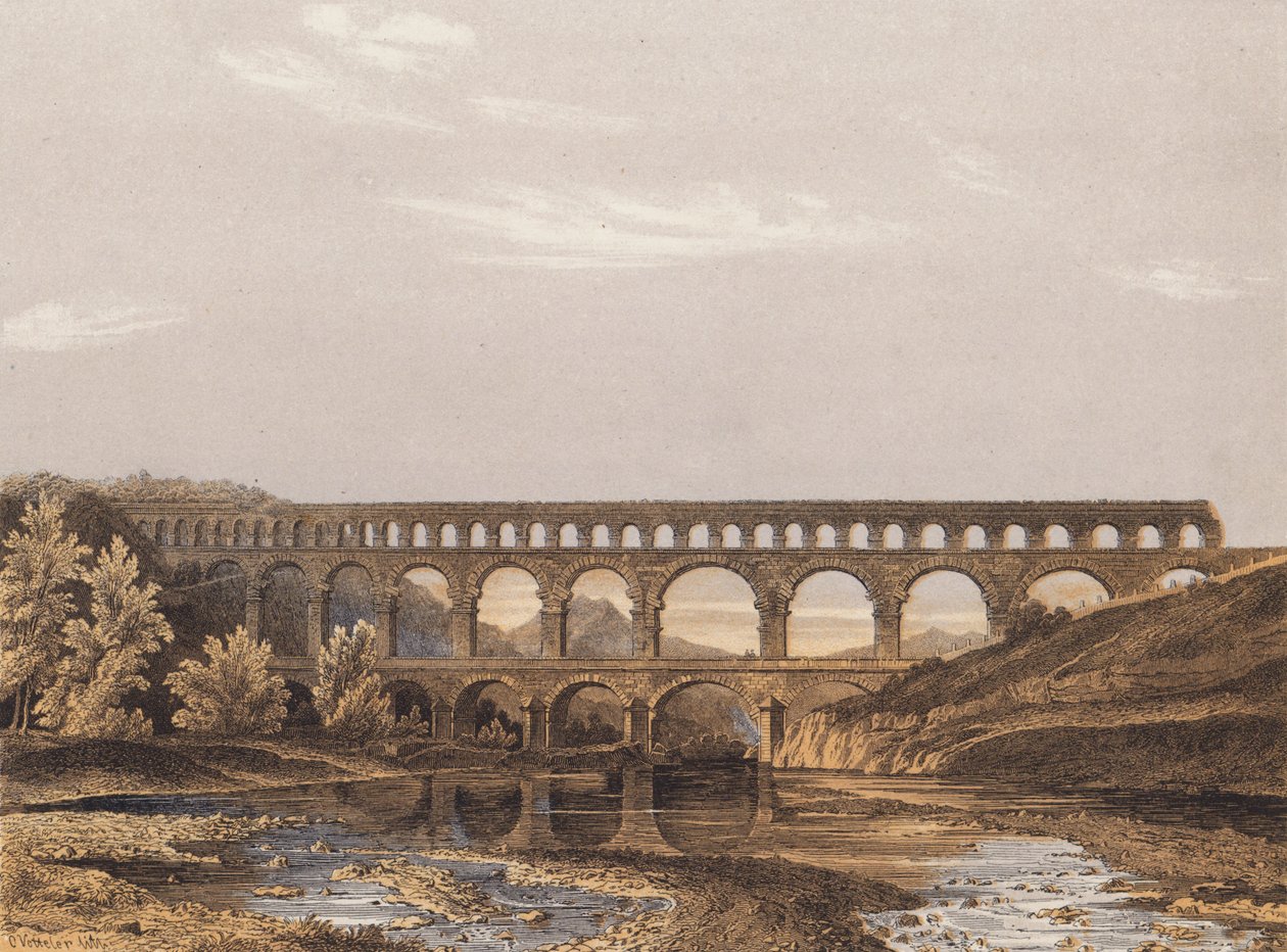Pont du Gard, acquedotto romano, Nimes, Francia (litografia a colori) da German School
