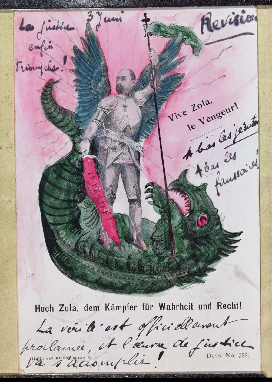 Cartolina raffigurante il Nobile Zola, Guerriero per la Verità e la Giustizia con annotazioni da German School