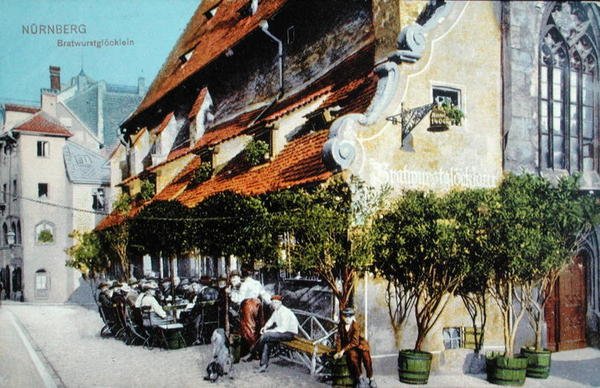 Cartolina che raffigura il ristorante Bratwurstglocklein a Norimberga, prima del 1914 da German School