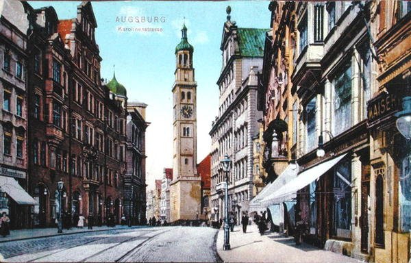 Cartolina che raffigura la Karolinenstrasse ad Augusta, c.1910 da German School