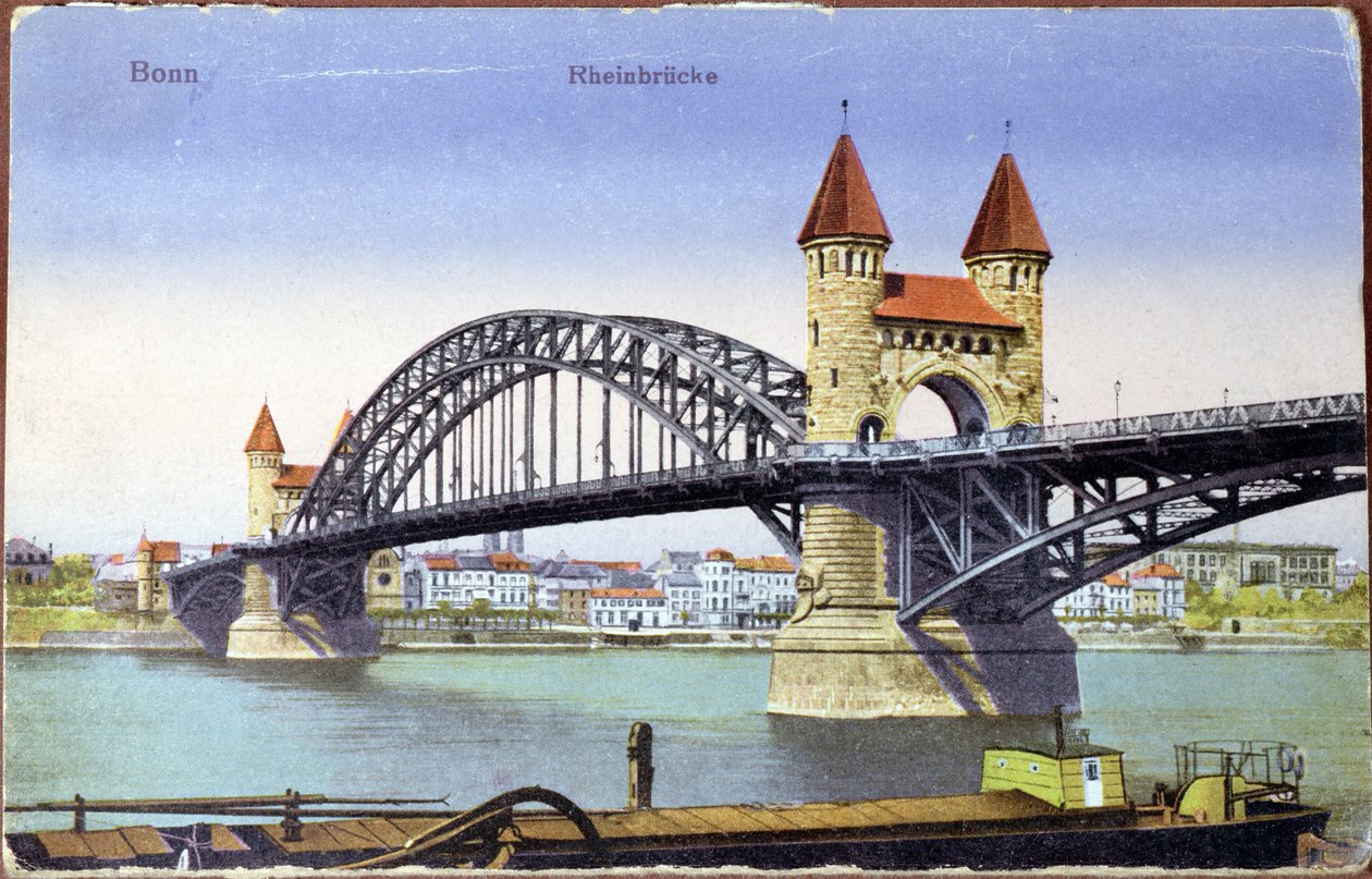 Cartolina che raffigura il ponte sul fiume Reno a Bonn, c.1900 da German School
