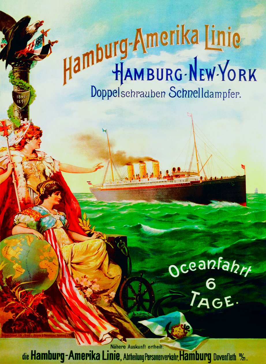 Poster pubblicitario della Hamburg American Line, 1897 da German School