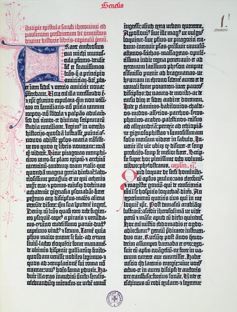 Prologo della Bibbia di Gutenberg, stampata da Johannes Gutenberg (c.1400-68) e Peter Schoeffer (1425-1502) a Magonza, 1454-56 da German School