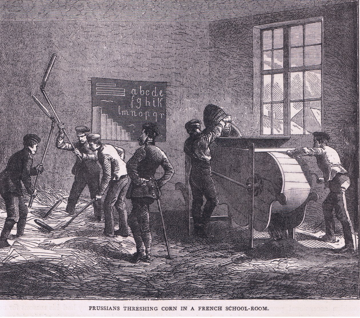 Prussiani che trebbiavano il grano in una scuola francese, Cassells History of the War between France and Germany pubblicato da Cassell and Company Limited, c.1890 da German School