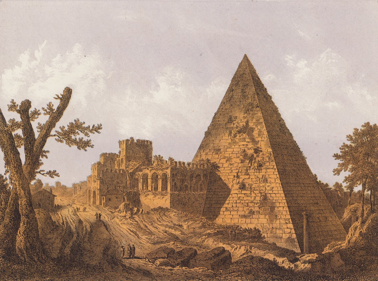Piramide di Cestio, Roma (litografia a colori) da German School