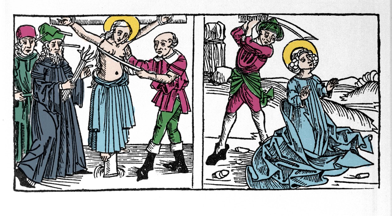 Rappresentazione del martirio di Santa Serafia (Serapia) (Serafia di Siria), cristiana del II secolo. Incisione da 