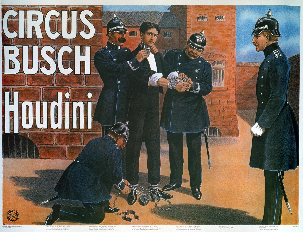 Riproduzione di un manifesto del 1907 che mostra Houdini prima di una fuga da una prigione tedesca da German School