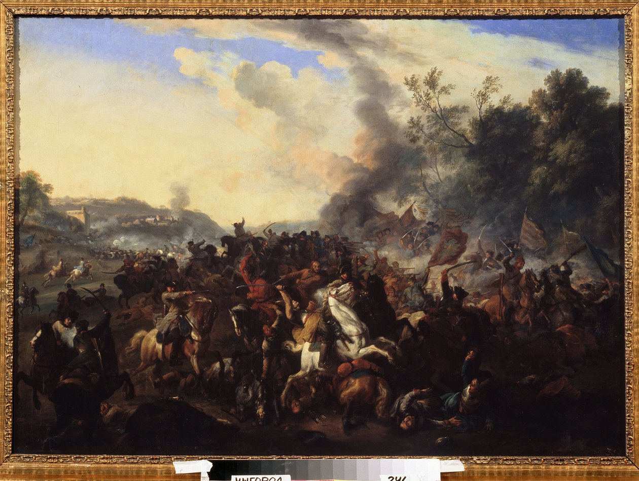 Scena di battaglia. Cavalieri e cavalli ammassati durante un combattimento da German School