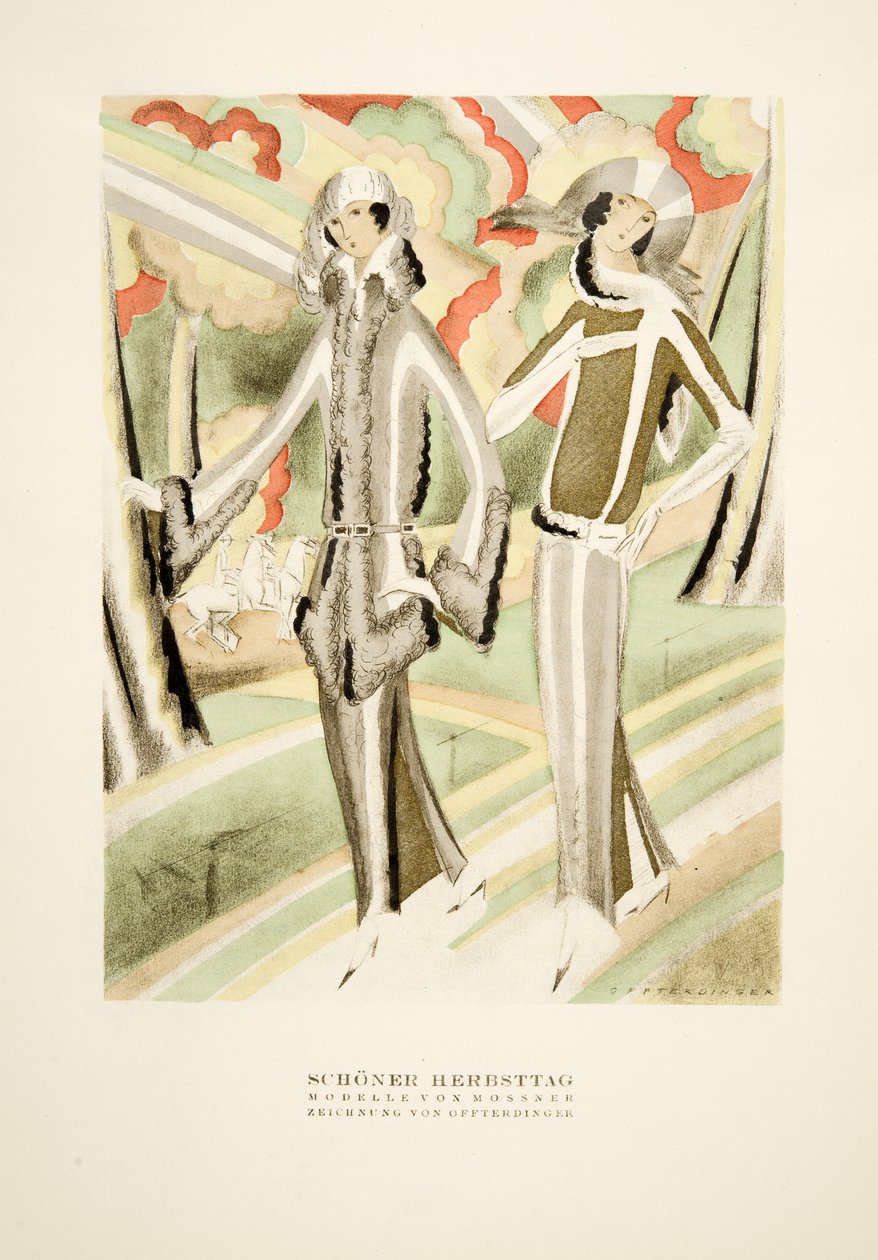 Schöner Herbsttag, abiti di Mossner, da Styl, pub.1922 (stampa a pochoir) da German School