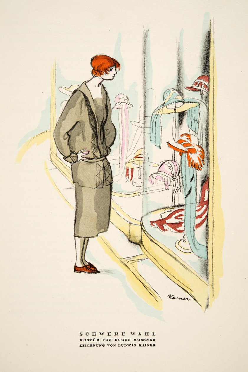 Schwere Wahl, outift di Eugen Mossner, da Styl, pub.1922 (stampa a pochoir) da German School