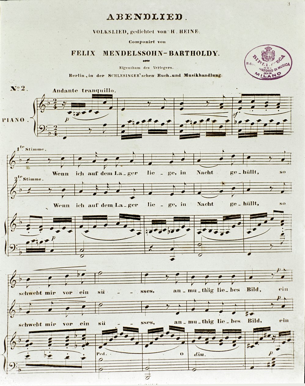 Pagina della partitura di Abendlied di Felix Mendelssohn da German School