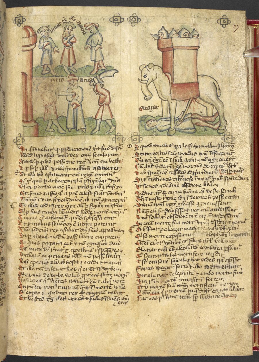 Sloane 361, f.27 Re Codro si offre di essere ucciso per il suo popolo, ed Eleazar Maccabeo che pugnala l