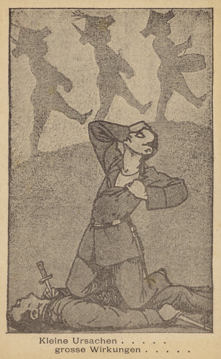 Piccole cause grandi effetti. Illustrazione tedesca contro la guerra, pubblicata dalla WILPF (Lega internazionale delle donne per la pace e la libertà), fine anni Venti (litografia). da German School