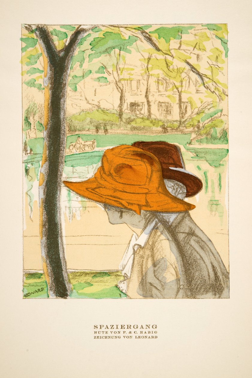 "Spaziergang", pubblicità per i cappelli di P  C Habig, da Styl, pub.1922 (stampa a pochoir) da German School