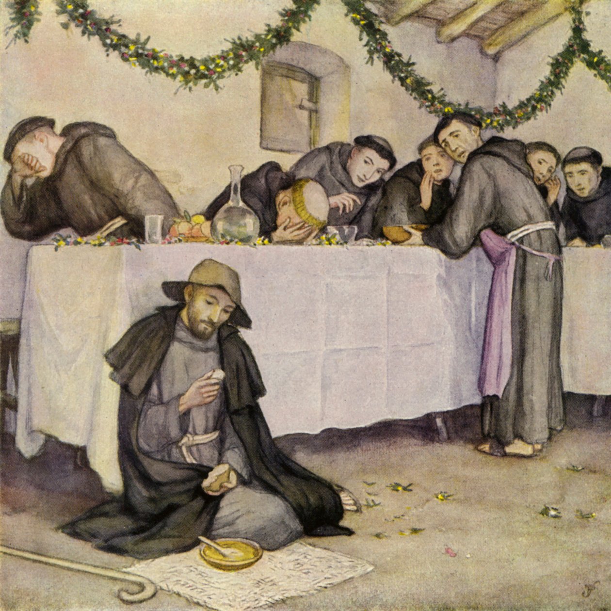 San Francesco e la lezione di santa povertà (litografia a colori) da German School