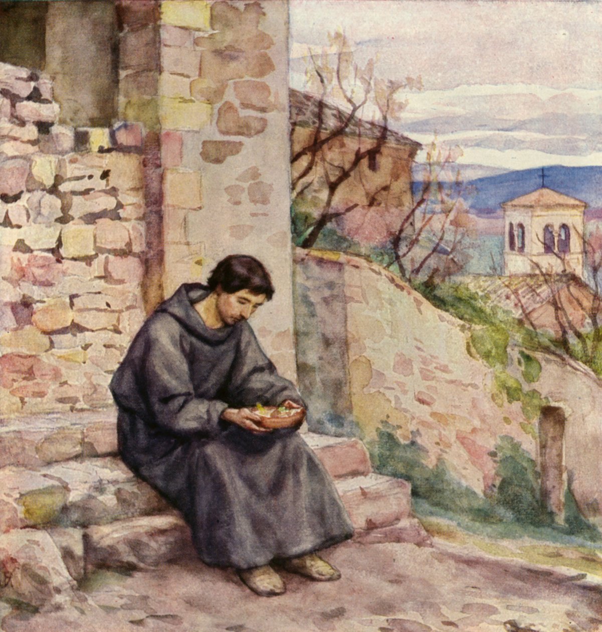 San Francesco come mendicante che mangia il suo pasto (litografia a colori) da German School