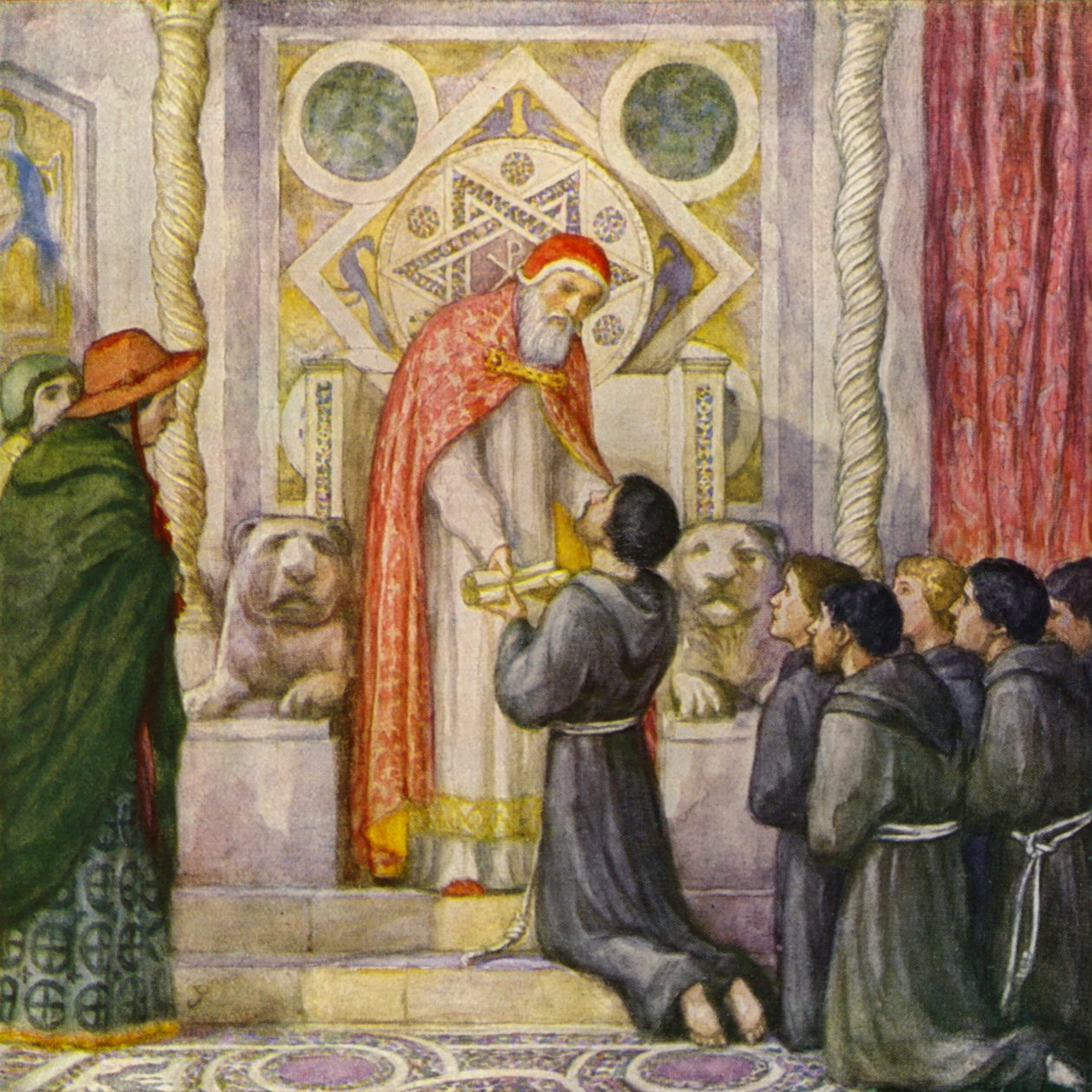 San Francesco ricevuto da papa Innocenzo III (litografia a colori) da German School