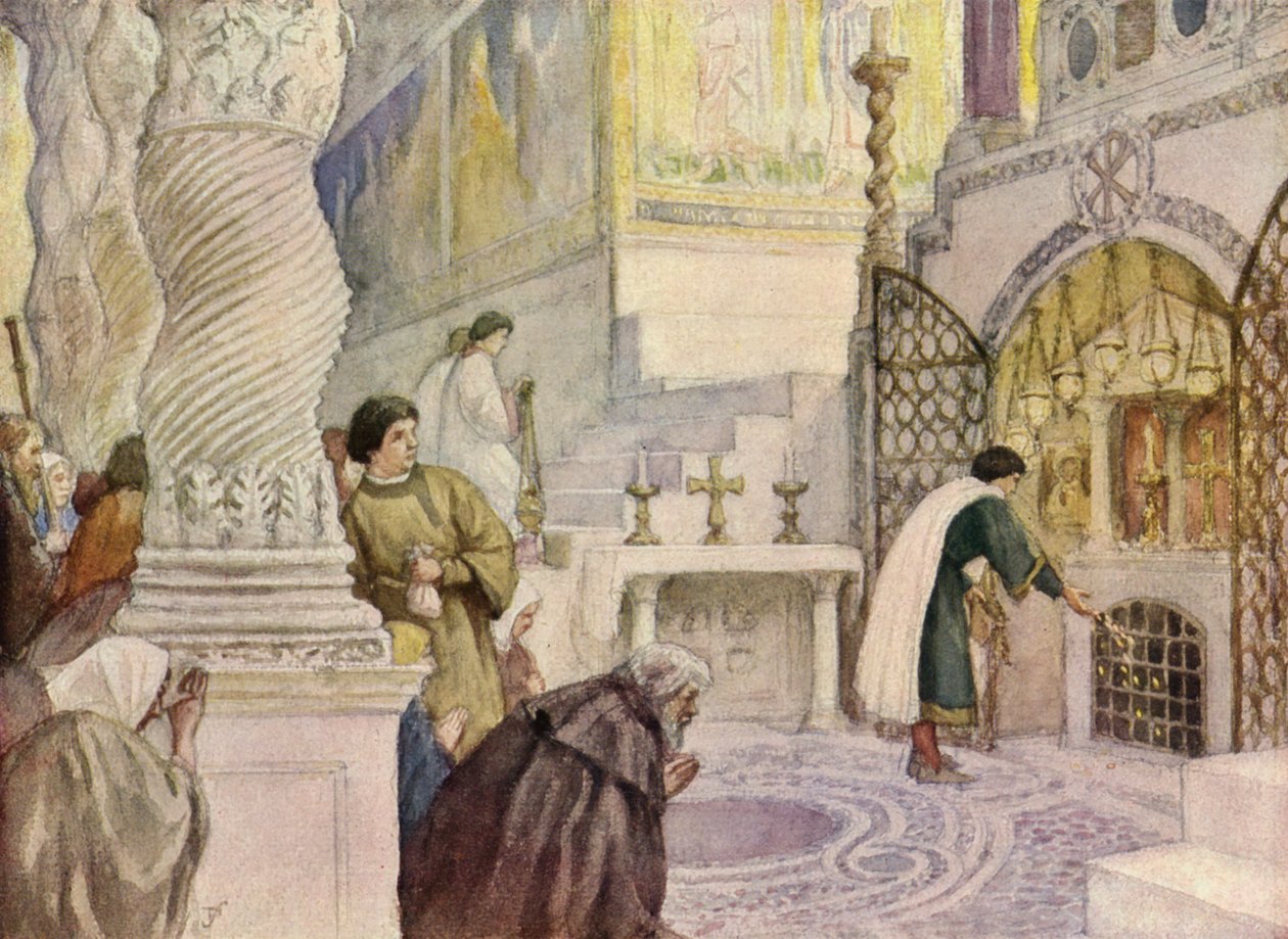 San Francesco in visita alla tomba di uno degli Apostoli (litografia a colori) da German School