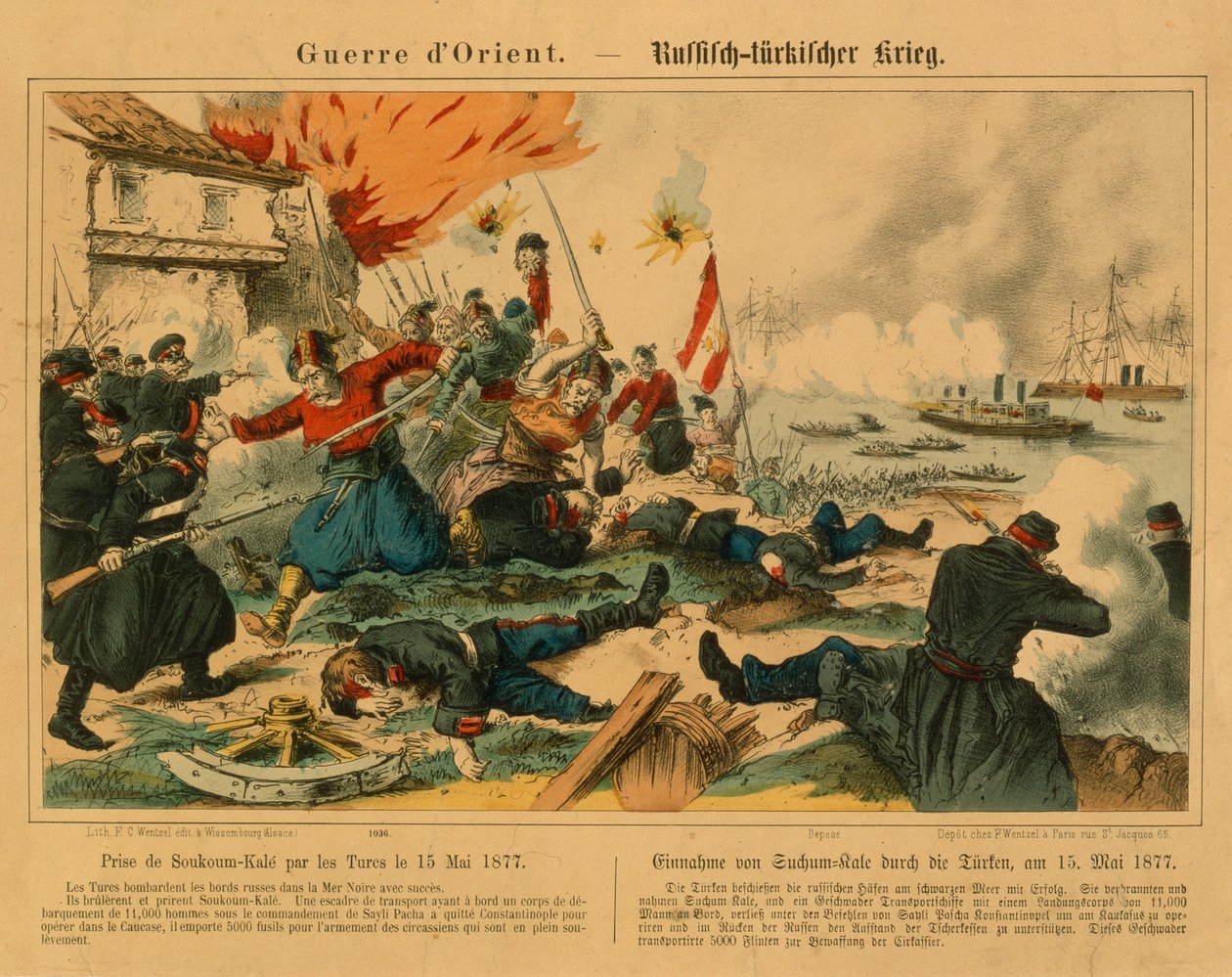 Presa di Suchum-Kale da parte dei turchi durante la guerra russo-turca, 15 maggio 1877, pubblicato da F.C. Wentzel, Weissenburg, 1877 da German School