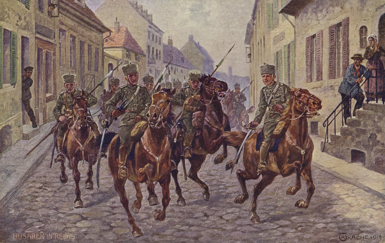 Presa temporanea della città di Reims da parte degli ussari tedeschi, Prima Guerra Mondiale, 9 settembre 1914 (litografia a colori) da German School
