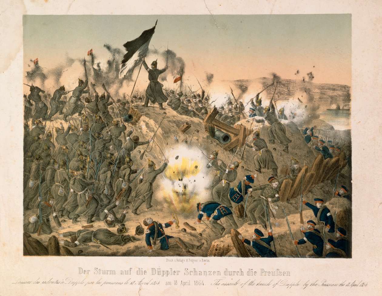 La battaglia di Dybboel nella seconda guerra dello Schleswig, il 18 aprile 1864, pubblicata da Verlag A. Felgner, Berlino, 1864 da German School