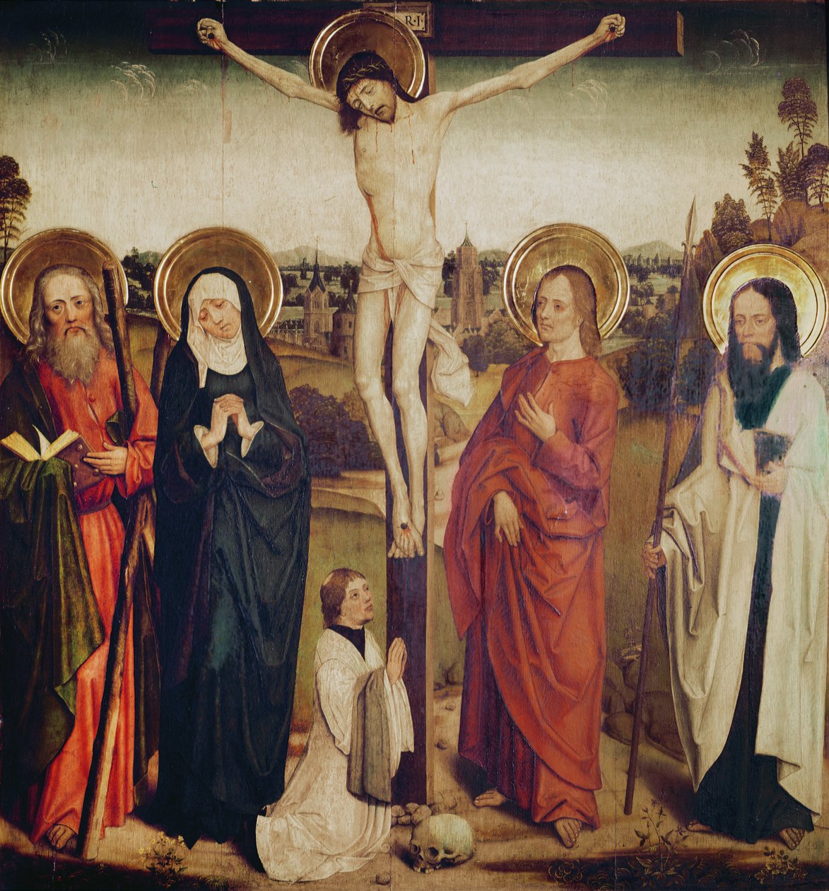 La Crocifissione, con San Andrea, San Matteo e un uomo inginocchiato ai piedi della croce da German School