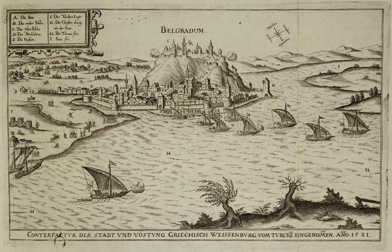 La caduta di Belgrado ai Turchi nel 1521, illustrazione da un libro sulle campagne ottomane in Europa, inciso da Paul Furst (c.1605-66) da German School