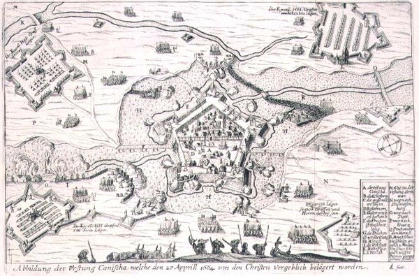 La Fortezza di Canischa assediata invano dai Cristiani nel 1664, illustrazione da un libro sulle campagne ottomane in Europa, inciso da Paul Furst da German School