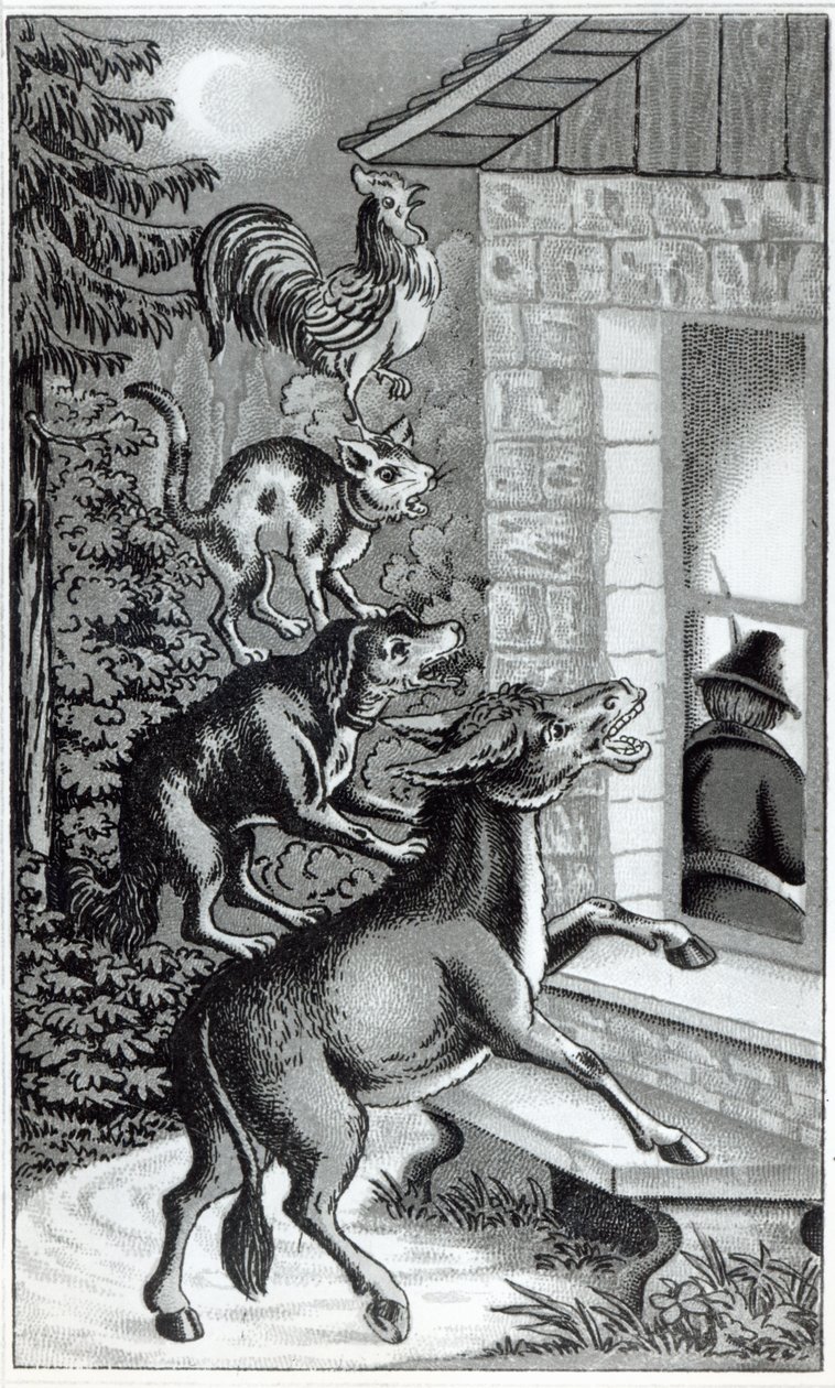 I quattro animali che gridano alla finestra, illustrazione per I musicanti di Brema, racconto dei fratelli Grimm da German School