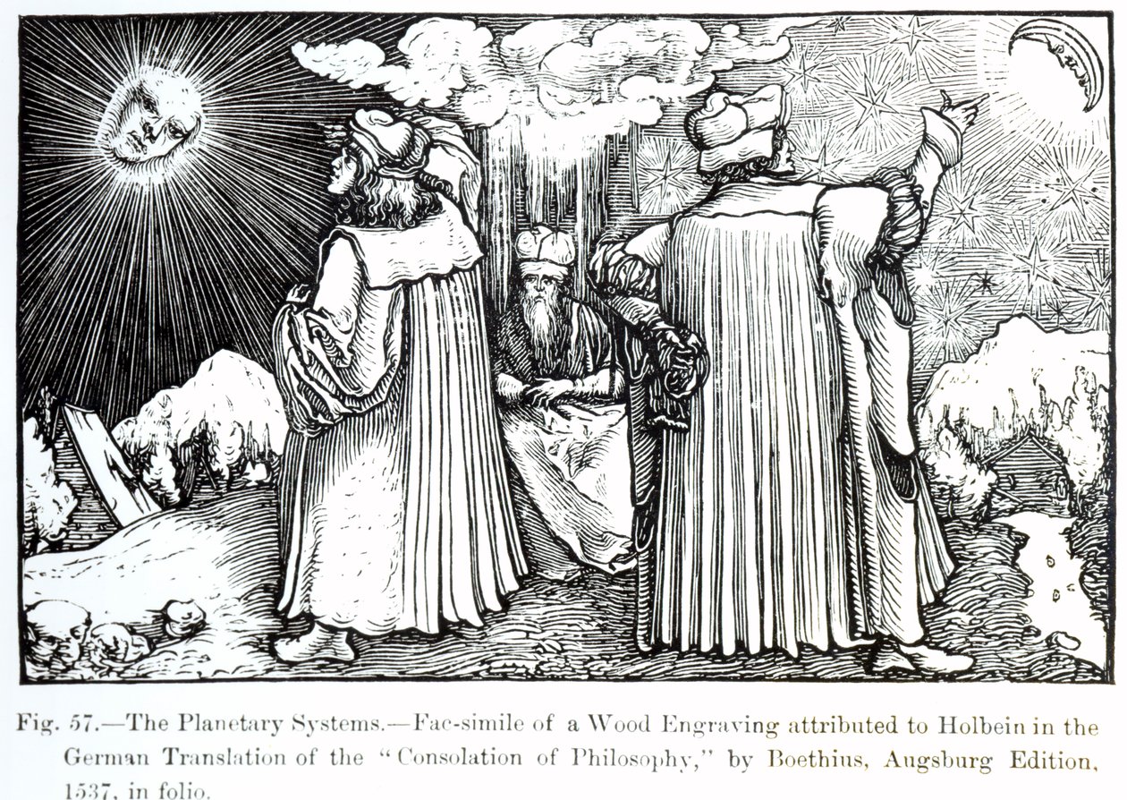 I sistemi planetari, da La Consolazione della Filosofia di Boezio, pubblicato nel 1537, illustrazione da Science and Literature in the Middle Ages and Renaissance, scritto e inciso da Paul Lacroix da German School