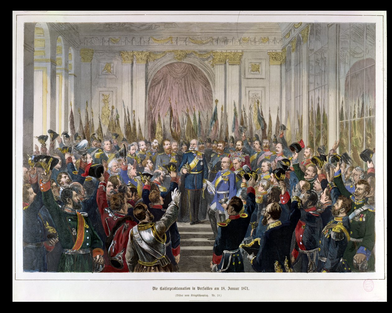 La proclamazione di Guglielmo come Kaiser del nuovo Reich tedesco, nella Sala degli Specchi a Versailles il 18 gennaio 1871 da German School