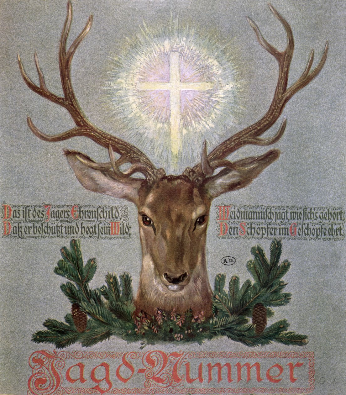 Il cervo di San Uberto (655-727), illustrazione di copertina di una rivista di caccia, 1908 da German School