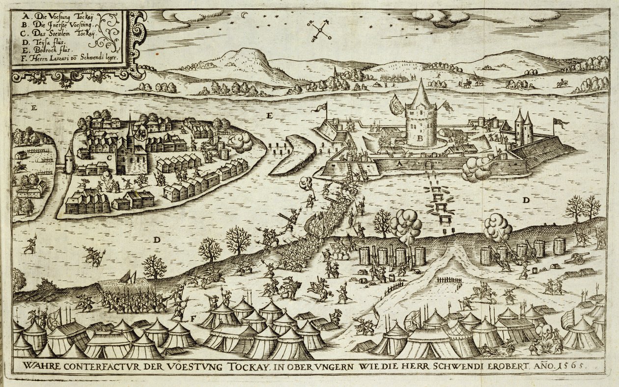 La città di Tokay recuperata dai Turchi da Herr Schwendi nel 1565, illustrazione da un libro sulle campagne ottomane in Europa, inciso da Paul Furst (c.1605-66) da German School
